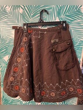 Vintage Diesel utility Embroidered Brown A-Line Skirt Sz 28 Y2K button detail